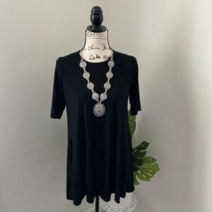 Eileen Fisher Black Knit Tunic Top Short Sleeve Minimalist Casual‎